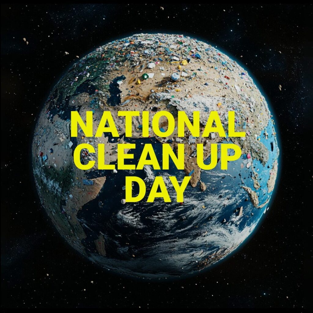 The image shows Earth with scattered trash around it and text in yellow capital letters reading "NATIONAL CLEAN UP DAY.