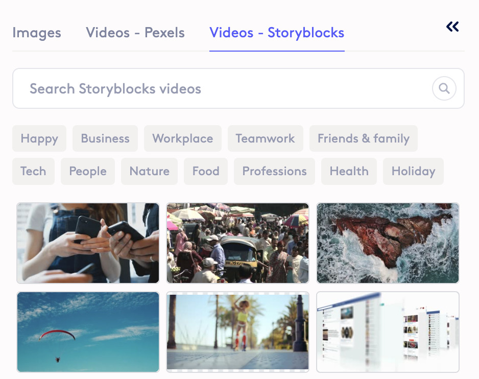 Screenshot of the "Videos - Storyblocks" search page with tabs and image thumbnails for various themes like Happy, Business, and Nature.