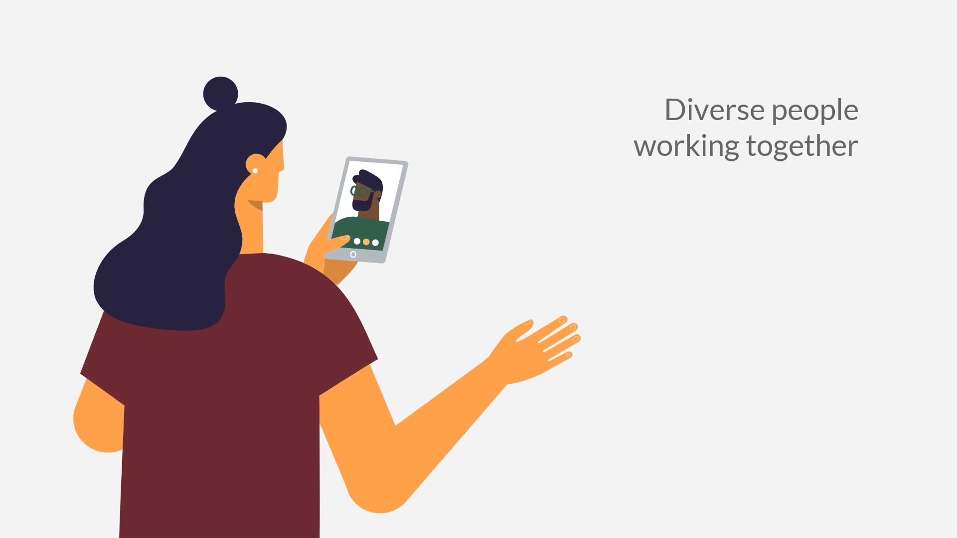 A person holding a smartphone featuring a video call made with Biteable video maker, alongside the text "diverse people working together".