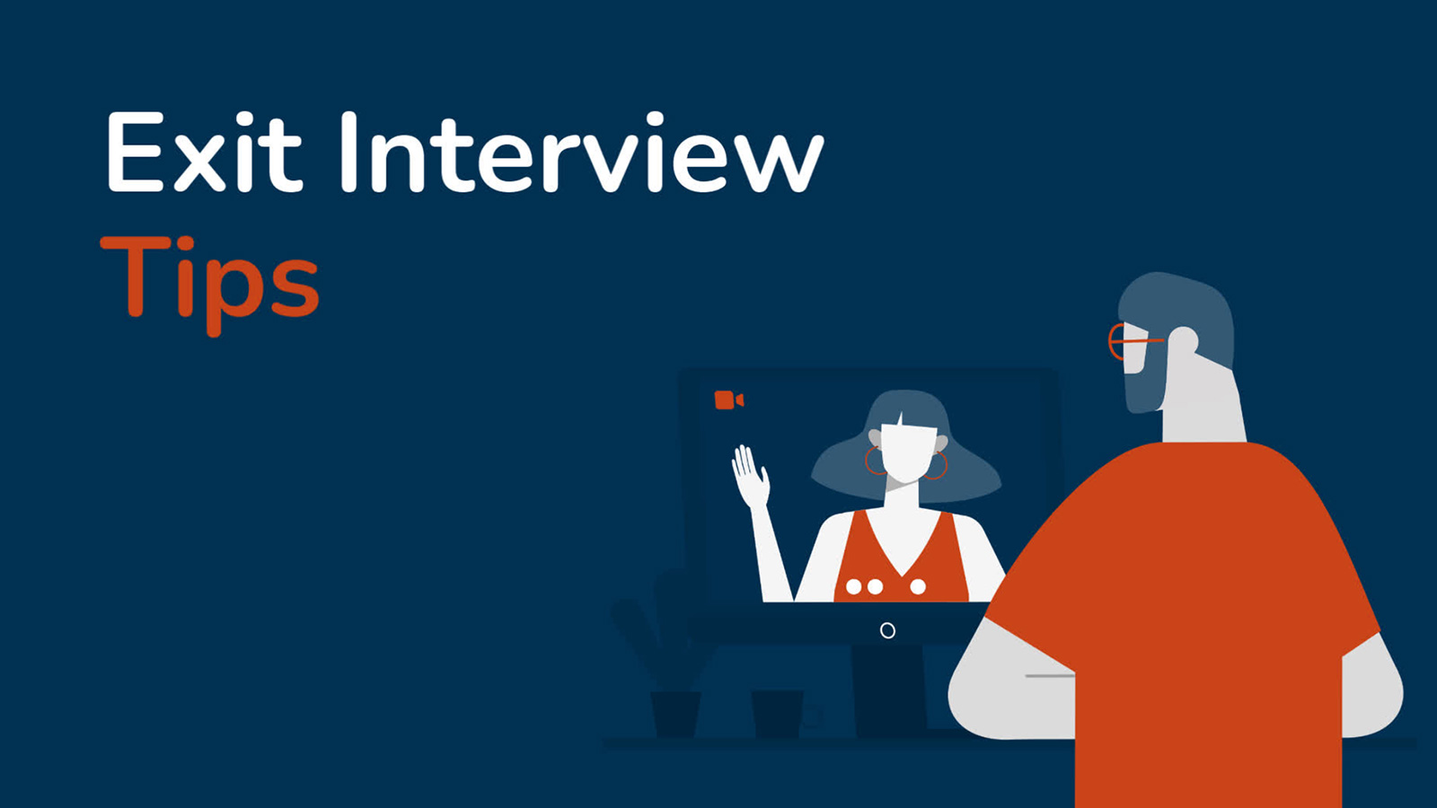 Biteable video maker graphic with text "exit interview tips" featuring an illustration of a person in front of a computer screen with an avatar waving.