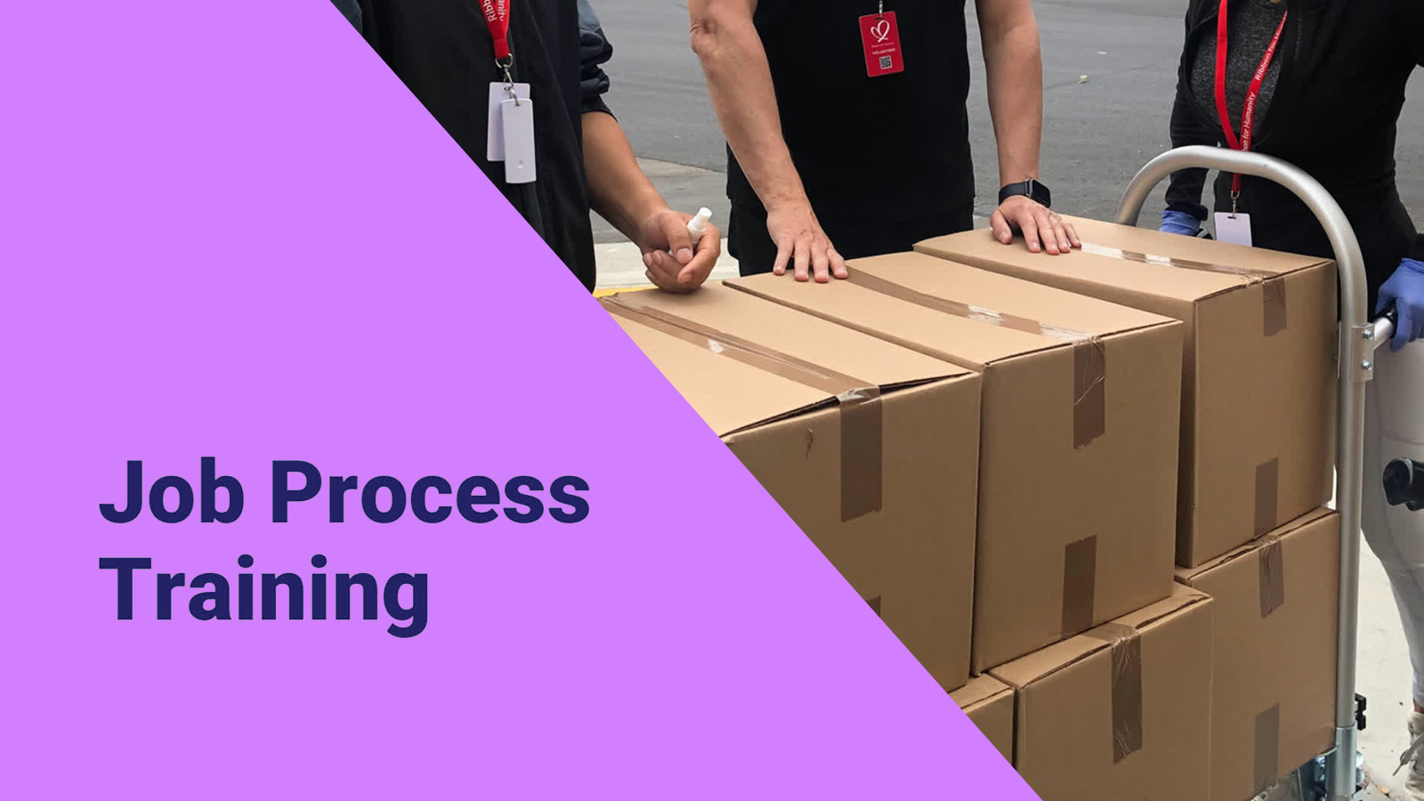 Workers participating in job process training with a trolley loaded with boxes.