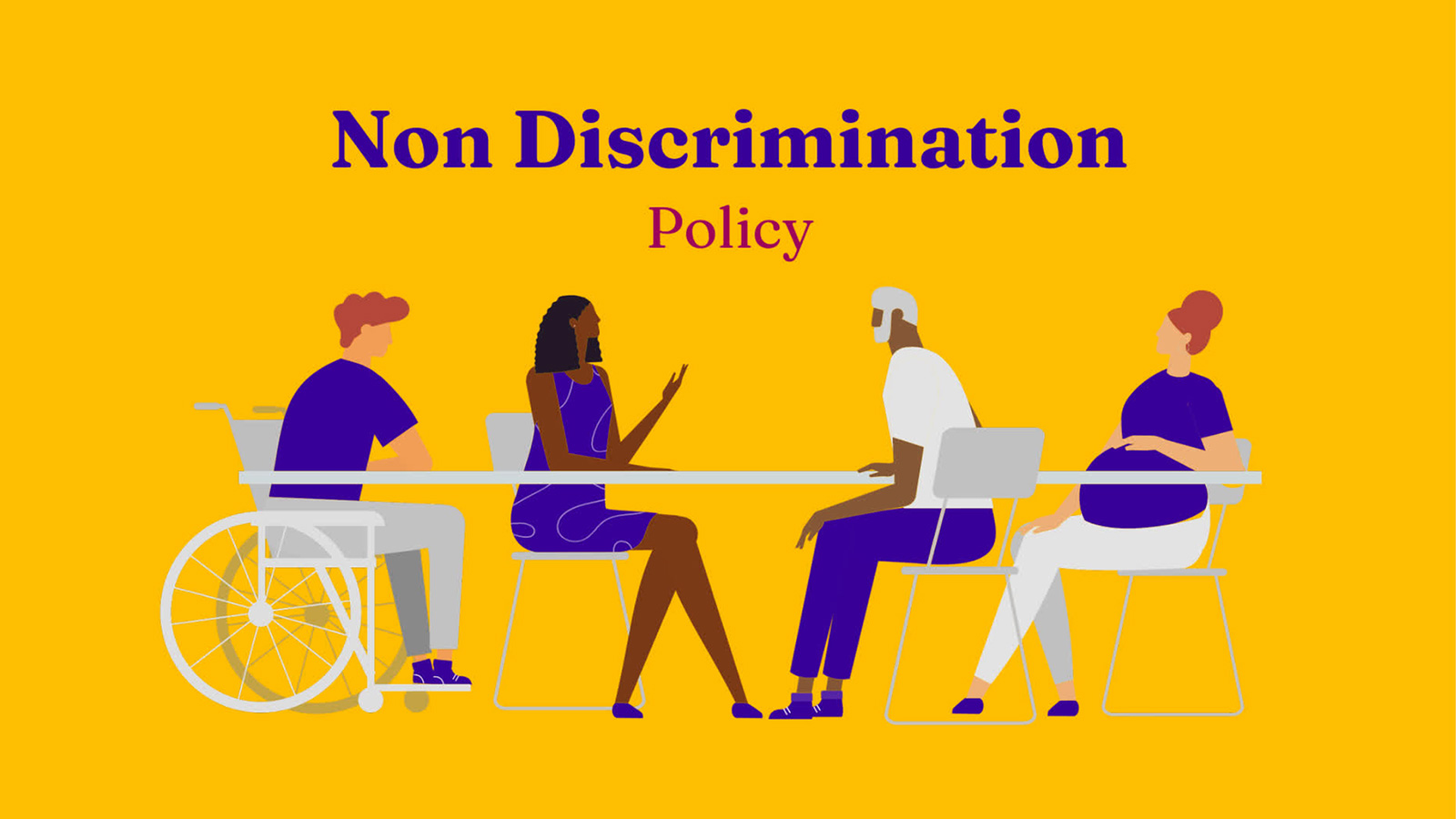 An illustration created with Biteable video maker showcases a diverse group of individuals at a meeting, highlighting a non-discrimination policy.