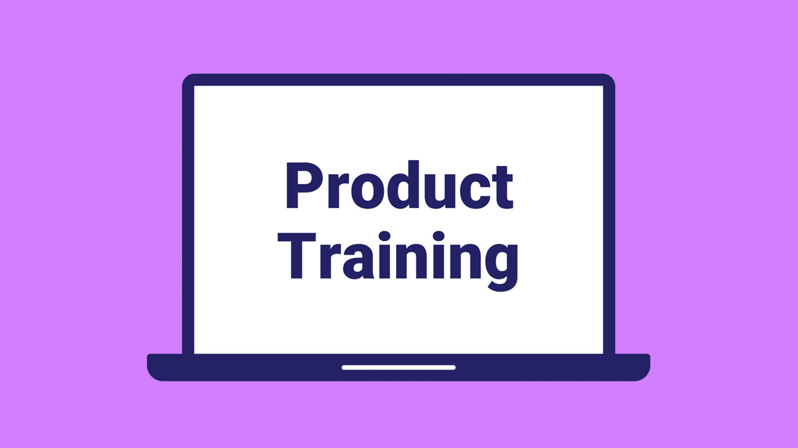 Laptop screen displaying the words "product training" on a purple background.