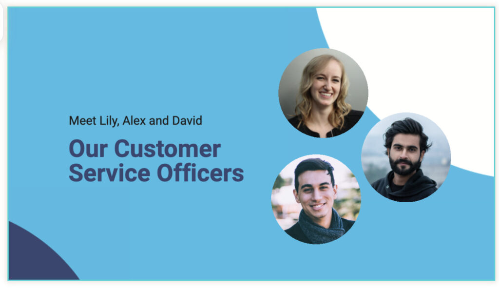 Graphic banner introducing three customer service officers, Lily, Alex, and David, each represented by their smiling headshots against a light blue background.