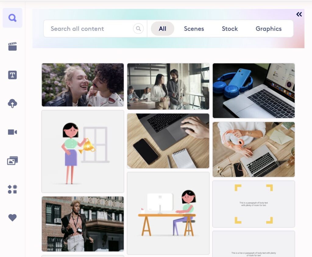 A screenshot of a content search interface displaying various images, such as people using laptops, a person with headphones, illustrations of a person working, and a person holding a camera.