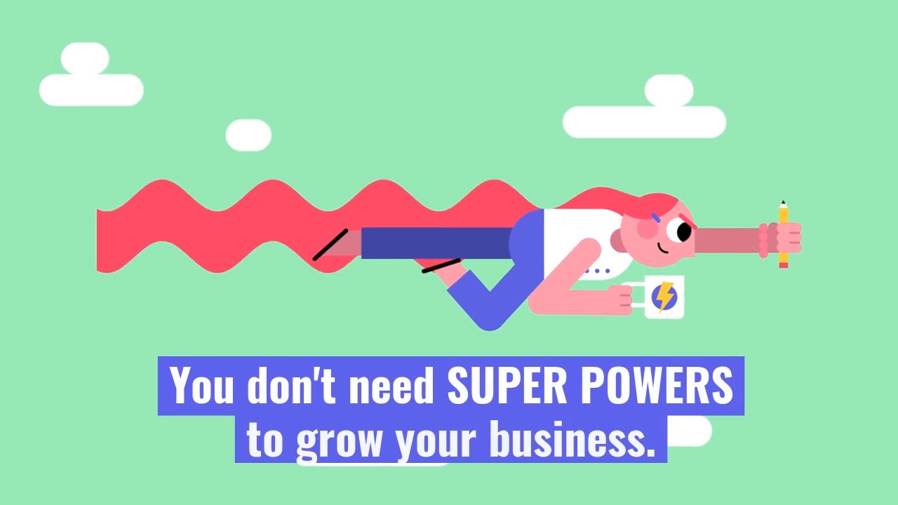 Cartoon of a businessman with a cape flying and holding a bar chart, with text "you don't need super powers to grow your business with Biteable video maker.