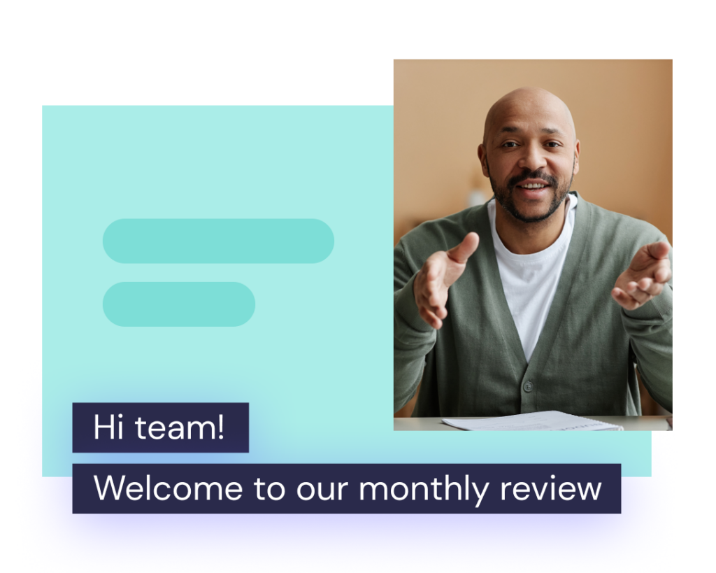 Bald man in a beige sweater smiling and gesturing towards the camera, with a graphic saying "Hi team! Welcome to our monthly review.