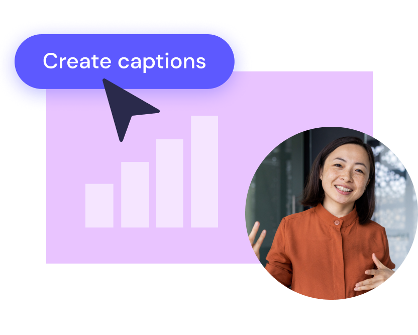 A smiling Asian woman in an orange blouse gesturing towards a purple graph with an upward trend, encapsulated in a speech bubble.