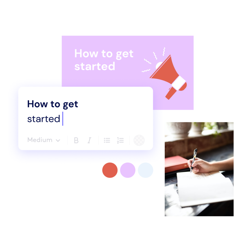 Digital graphic of a Biteable video maker interface with "how to get started" heading and an overlay of a person writing in a notebook.