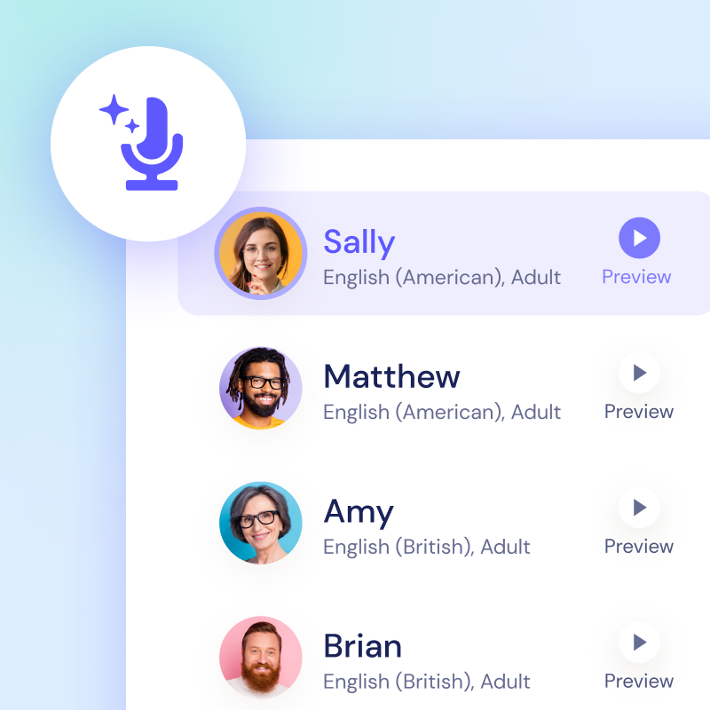 User interface showing voice options with avatars: Sally (American), Matthew (American), Amy (British), and Brian (British) on a blue gradient background.