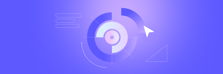 Abstract digital graphic with concentric circles and geometric shapes in purple hues, highlighting a central target and arrow, created using Biteable video maker.