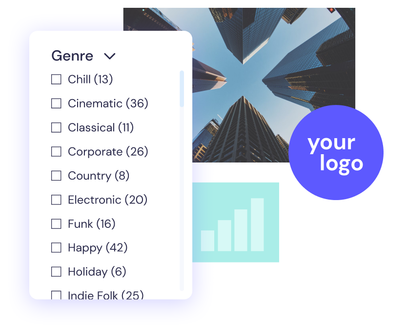 Graphical user interface displaying a list of music genres with checkboxes, alongside a background image of towering skyscrapers looking upward, with a "your logo" placeholder.